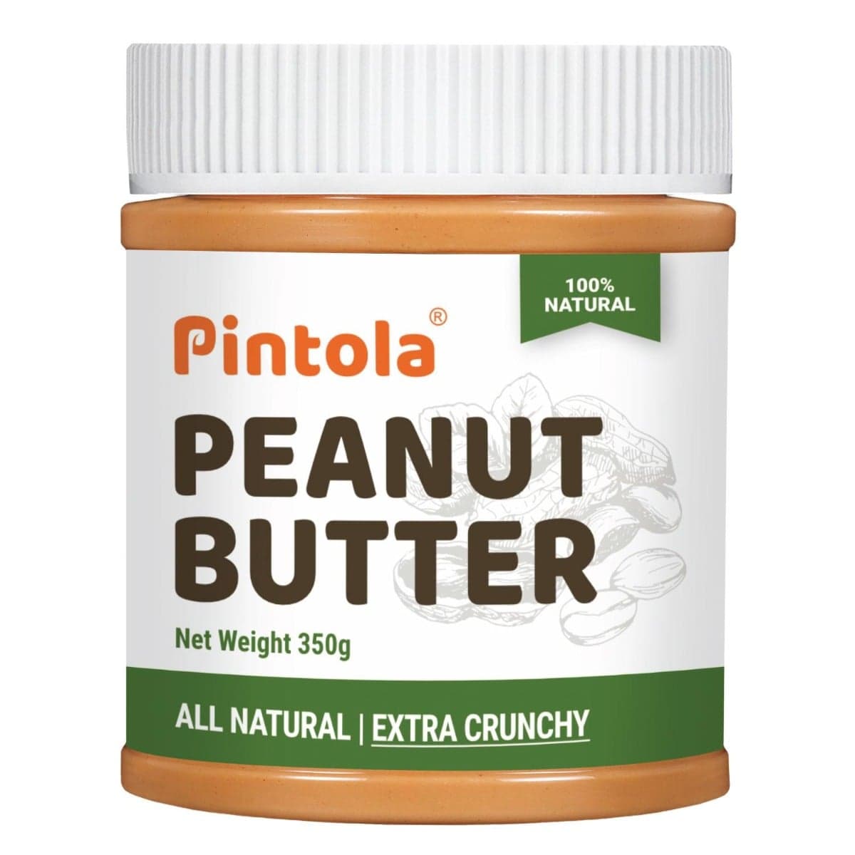 Pintola All Natural Peanut Butter | Rich in Fiber, 30g Protein | Non GMO, Naturally Gluten Free, Cholesterol Free | Unsweetened, Extra Crunchy, 350g