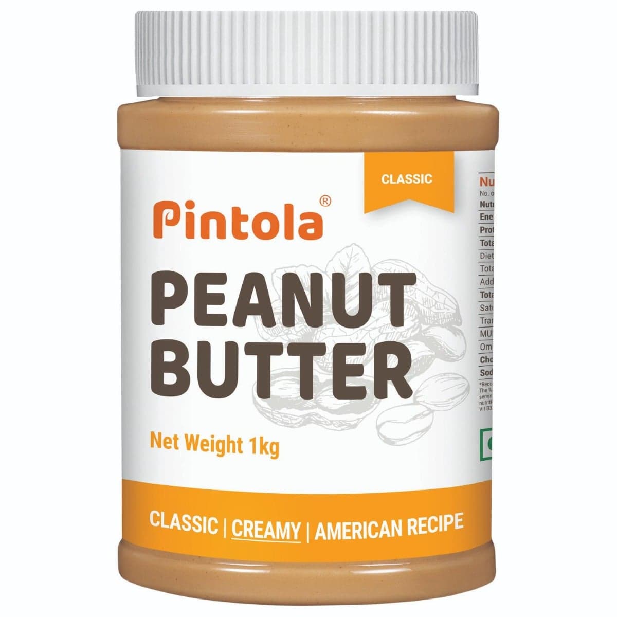 Pintola Classic Peanut Butter Made With Finest Grade Peanut Butter | Source of High Protein | Non GMO, Naturally Gluten Free, Zero Cholesterol | Creamy, 1kg