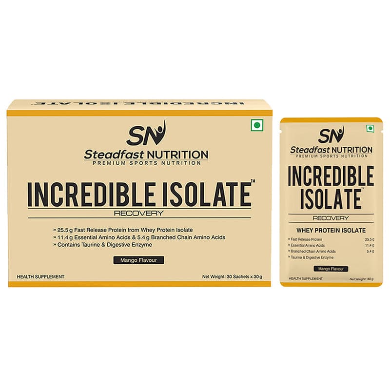 Steadfast Nutrition Incredible Isolate Whey Isolate Protein | 100% Pure Isolate Powder with 25g Protein | Muscle Building & Weight Loss Supplement | Instant muscle recovery |900g (Mango, 30 Sachets) - Nutrition and Fitness Supplements | Buy online on ZillyBuy