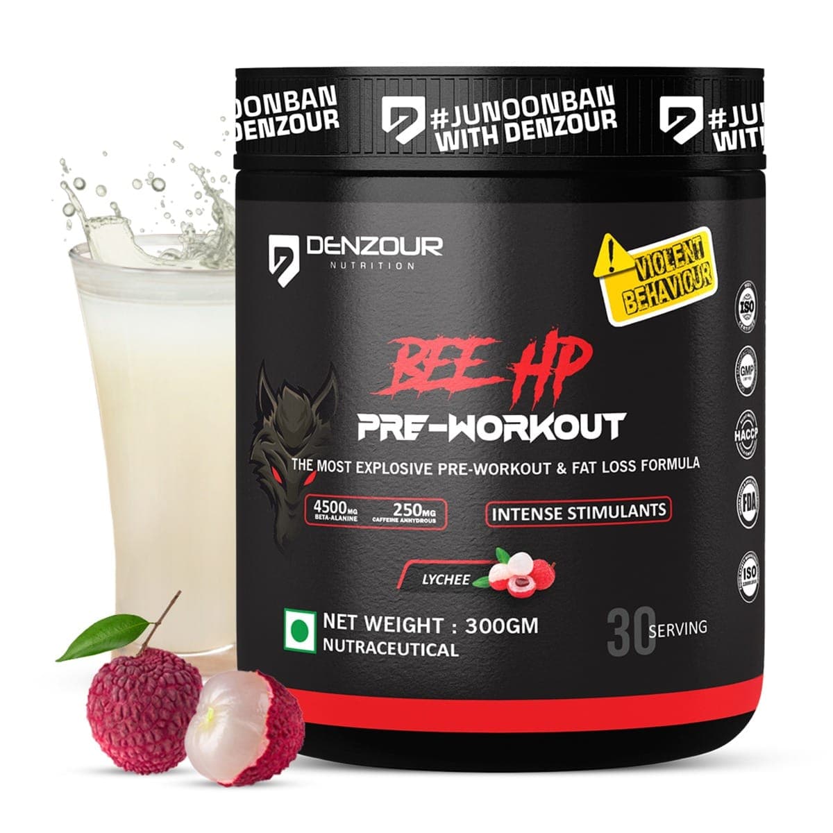 Denzour Nutrition BEE-HP Pre-Workout with 750mg Creatine Monohydrate & 4500mg Beta-Alanine, Intense Energy with Fat Loss Formula, 300g - Lychee