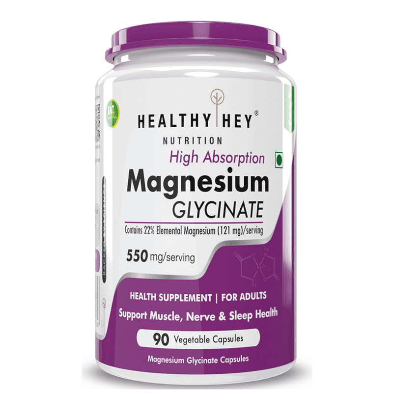 HealthyHey Nutrition High Absorption Magnesium Glycinate, 550mg  | 90 Capsules | Muslce | Sleep - Nutrition and Fitness Supplements | Buy online on ZillyBuy