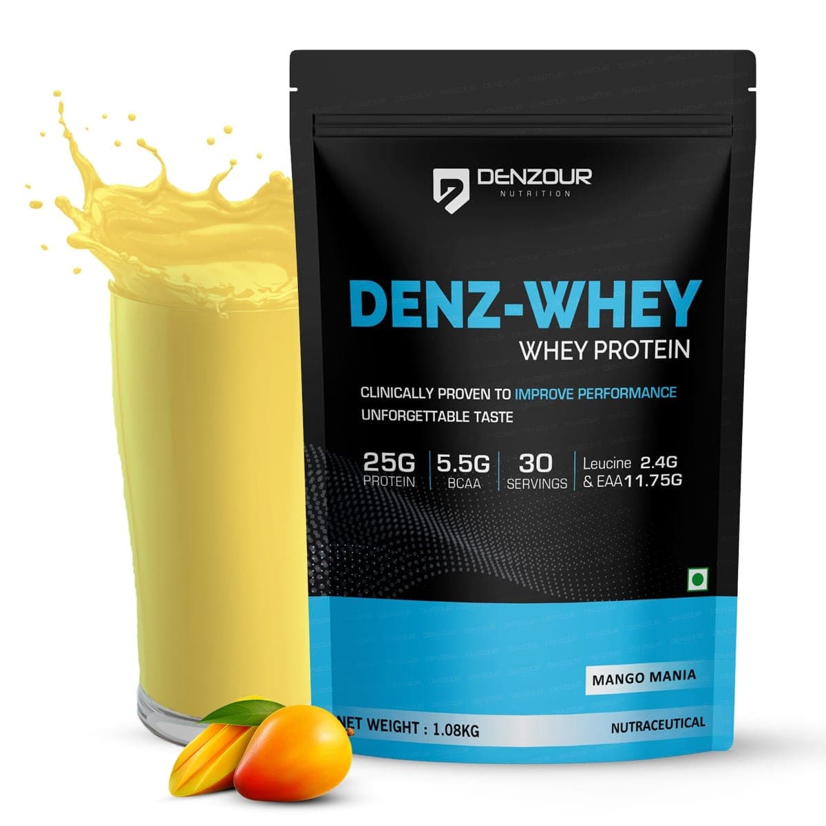 Denzour Nutrition Denz-Whey Protein with 25g Protein, 5.5g BCAA & 11.75g EAA for Muscle Support & Recovery - 1Kg, Mango Mania - Nutrition and Fitness Supplements | Buy online on ZillyBuy