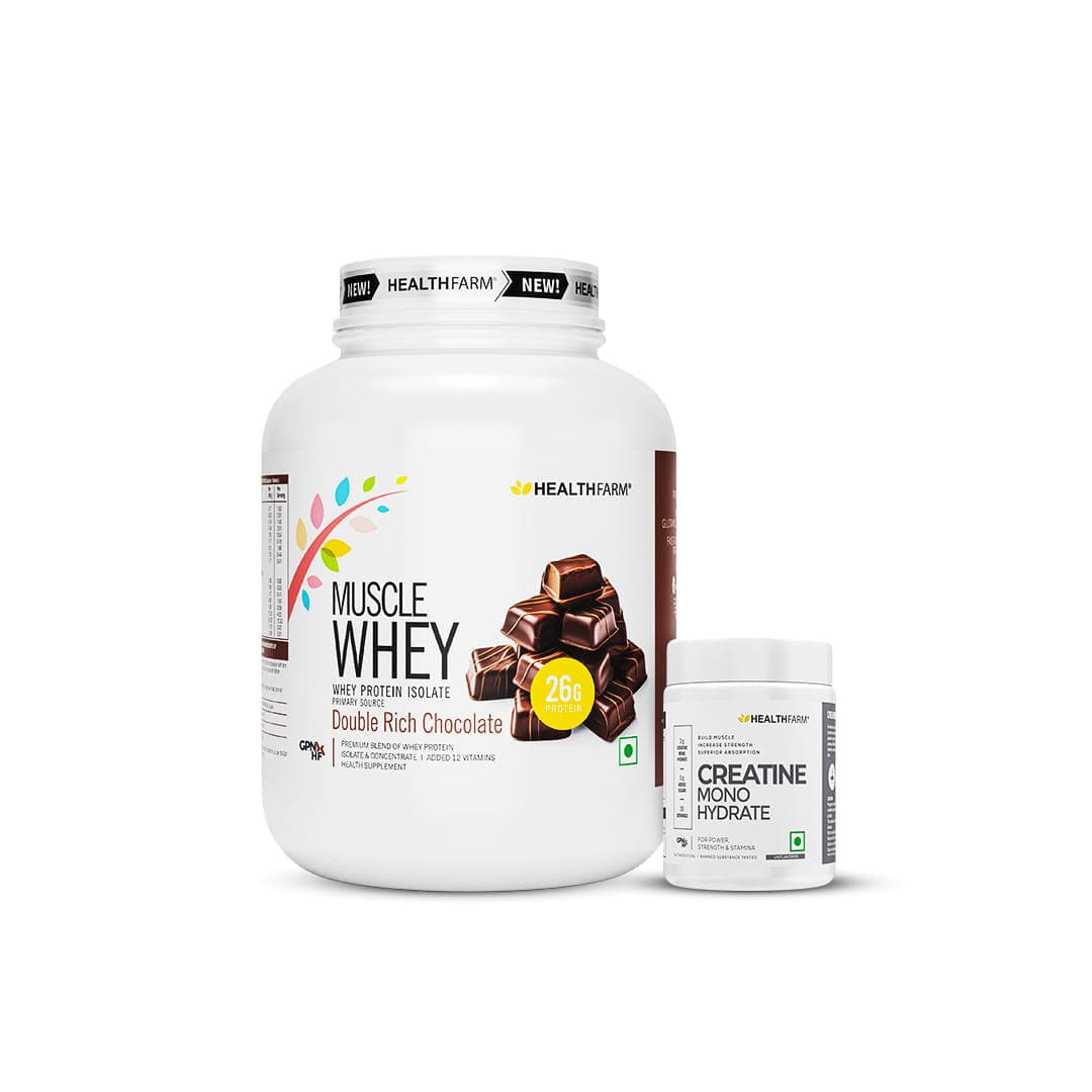 Healthfarm Muscle whey Double Rich Chocolate 2kg + Creatine 100gms Combo  Healthfarm Muscle whey Double Rich Chocolate 2kg + Creatine 100gms Combo - Nutrition and Fitness Supplements | Buy online on ZillyBuy