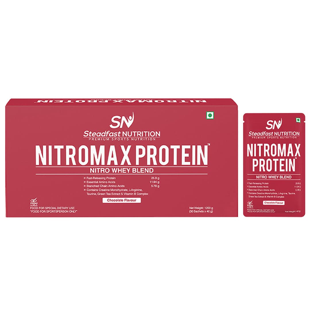 Steadfast Nutrition Nitromax Protein |25.9g Fast Releasing Protein, 11.94g EAA, 5.78g BCAA per sachet | Increases Muscle pump, strength, Lean Muscle | 1.2kg (30 Sachets) - Nutrition and Fitness Supplements | Buy online on ZillyBuy