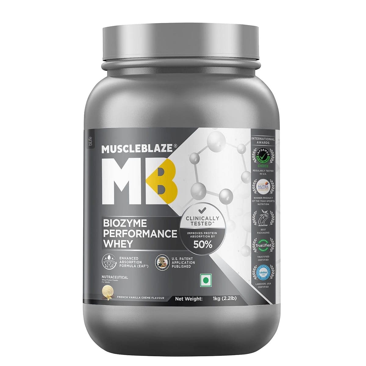 MuscleBlaze Biozyme Performance Whey Protein | Clinically Tested 50% Higher Protein Absorption | Informed Choice UK, Labdoor USA Certified and US Patent Filed EAF (French Vanilla Crme, 1 kg / 2.2 lb) - Nutrition and Fitness Supplements | Buy online on ZillyBuy