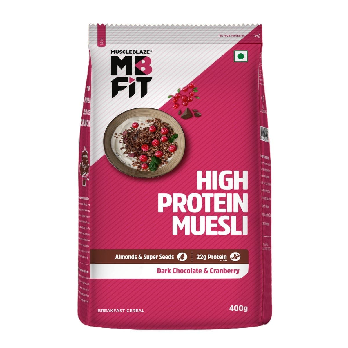 MuscleBlaze MB High Protein Muesli, Dark Chocolate &amp;amp;amp; Cranberry, 22 g Protein, with Superseeds, Raisins &amp;amp;amp; Almonds, Ready to Eat Healthy Snack, 400 g MuscleBlaze MB High Protein Muesli, Dark Chocolate &amp;amp; Cranberry, 22 g Prote