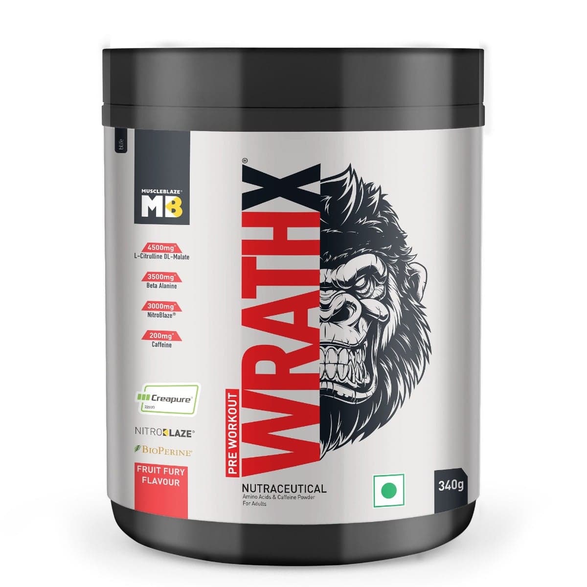 MuscleBlaze Pre Workout WrathX with Creapure®️, Nitroblaze & BioPerine (Fruit Fury, 340 g, 20 Servings)
