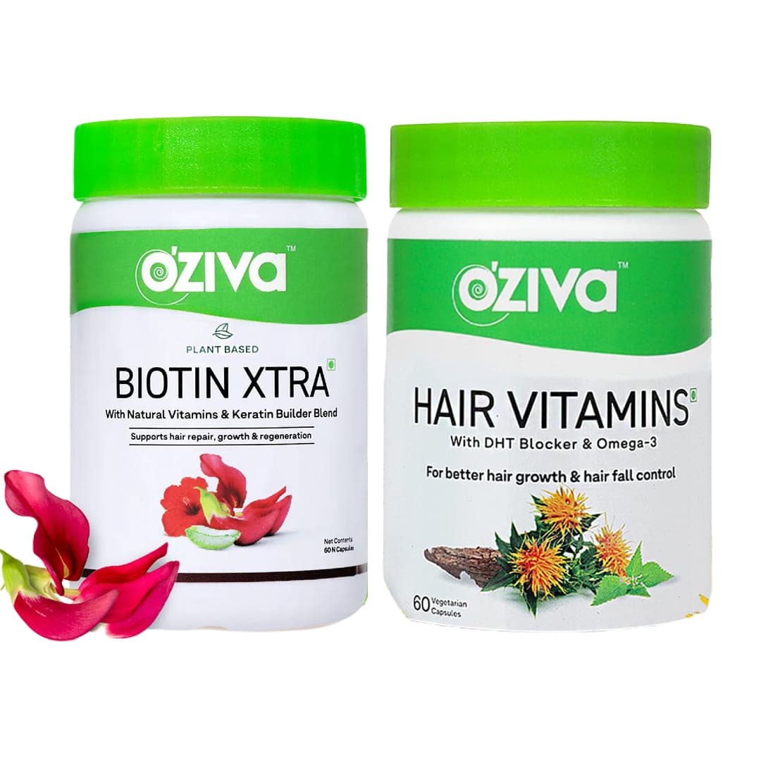 OZiva Healthy Hair Combo Pack - Hair Vitamins 60 Capsules with DHT blocker & Omega 3 + Biotin Xtra with keratin Builder for Better Hair Growth, Regeneration & HairFall Control