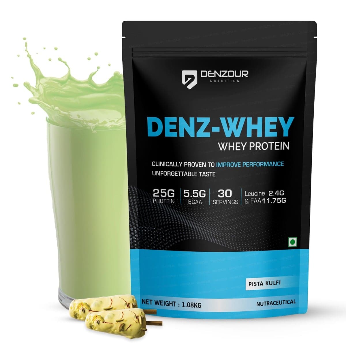 Denzour Nutrition Denz-Whey Protein with 25g Protein, 5.5g BCAA & 11.75g EAA for Muscle Support & Recovery - 1Kg, Pista Kulfi - Nutrition and Fitness Supplements | Buy online on ZillyBuy