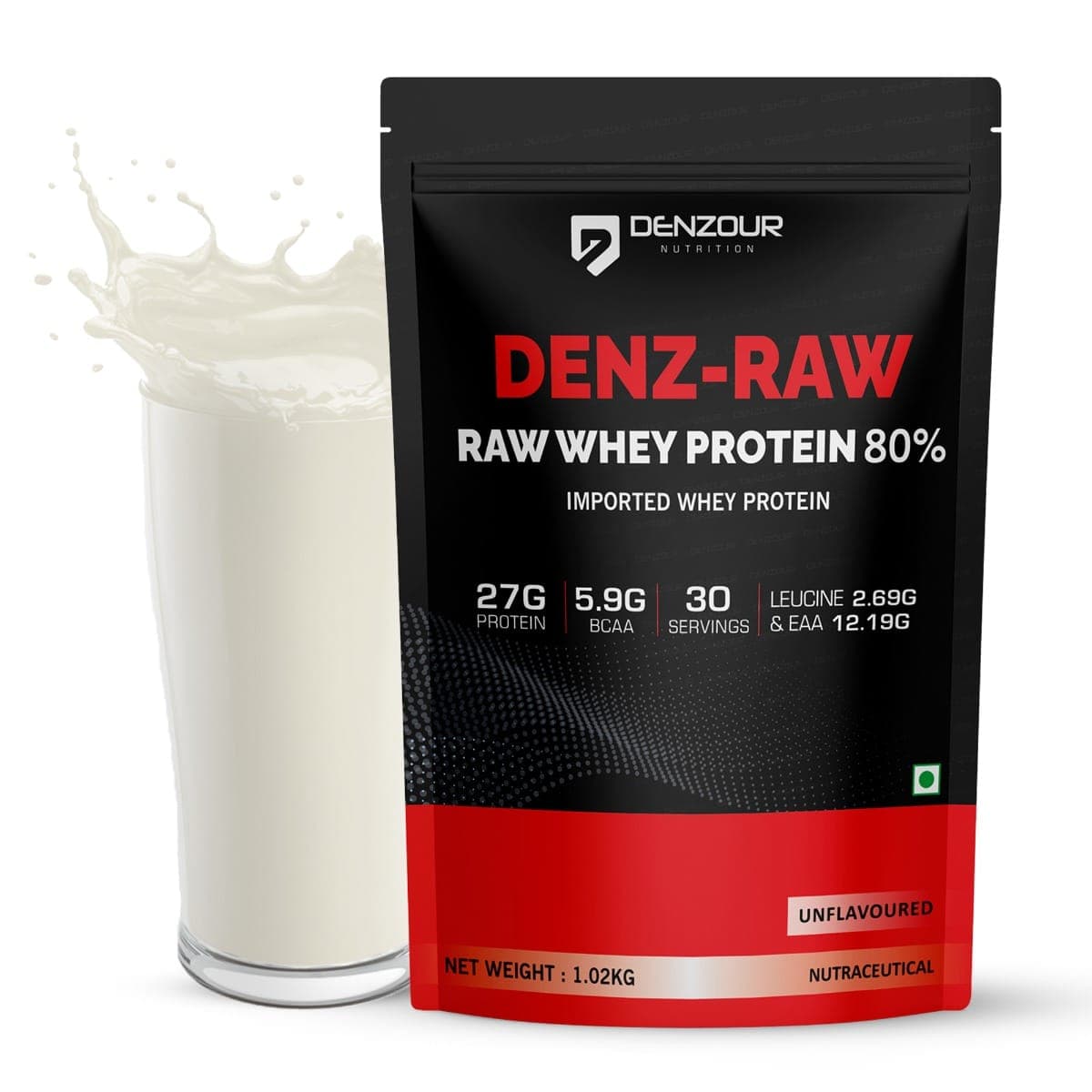 Denzour Nutrition Denz-Raw 80% Raw Whey Protein Concentrate with 27g Protein & 5.9g BCAA for Muscle Support & Recovery - 1Kg, Unflavoured - Nutrition and Fitness Supplements | Buy online on ZillyBuy