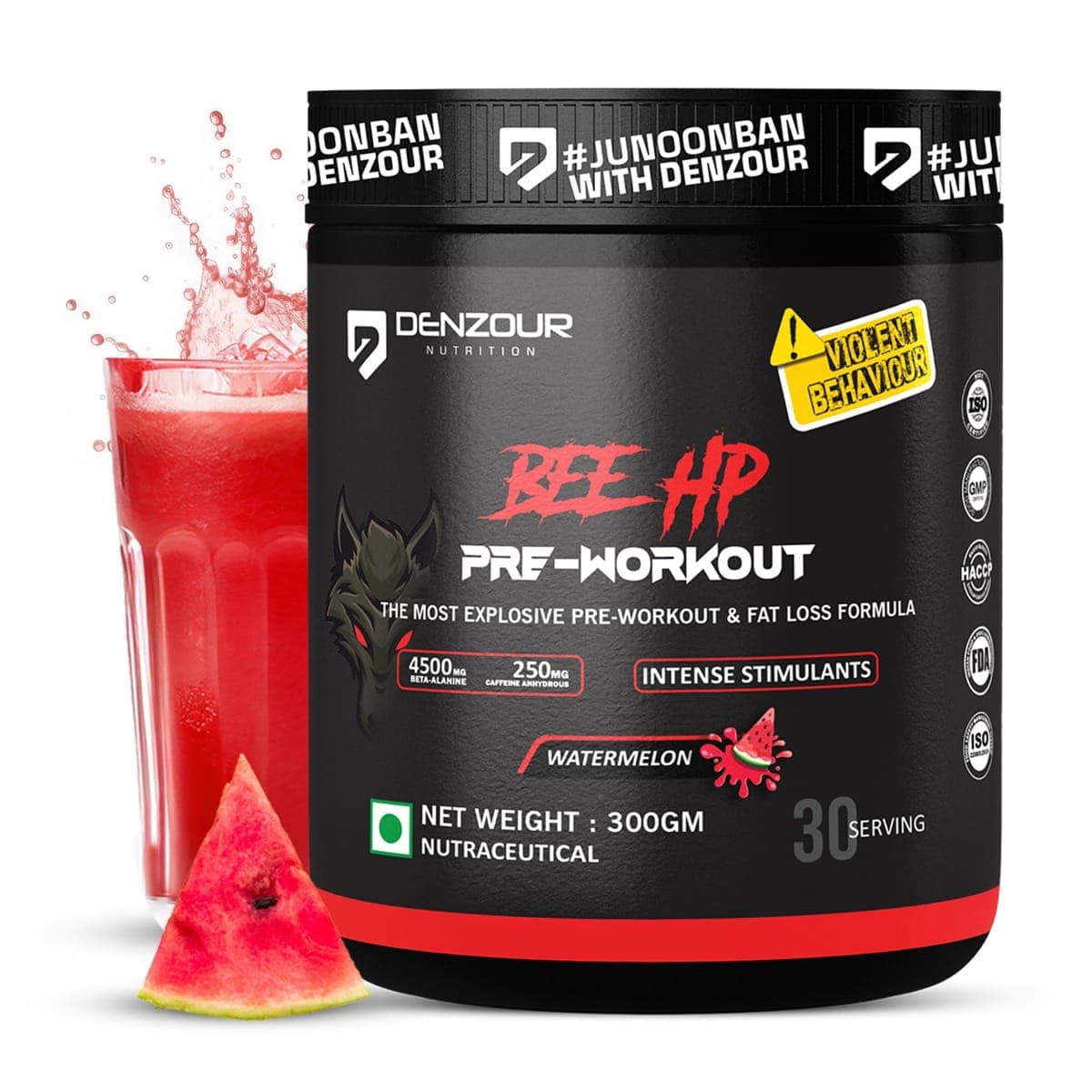 Denzour Nutrition BEE-HP Pre-Workout with 750mg Creatine Monohydrate & 4500mg Beta-Alanine, Intense Energy with Fat Loss Formula, 300g - Watermelon