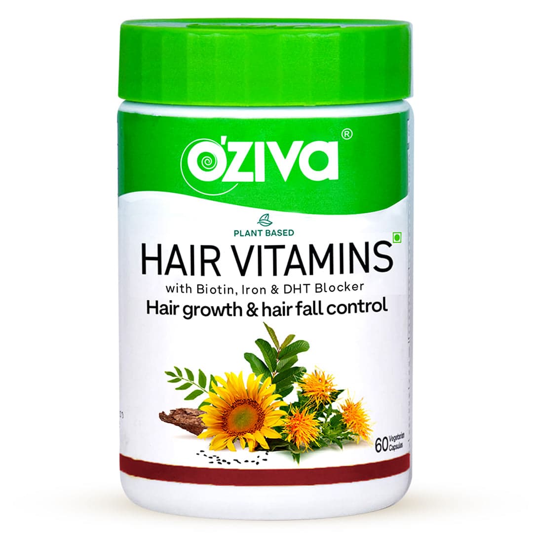 OZiva Plant Based Hair Vitamins | 60 capsules | Biotin | Vitamins E | Iron | Hair Growth