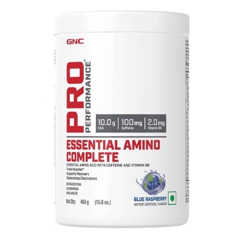 GNC Pro Performance Essential Amino Complete | Fuels Muscle Growth | Beats Fatigue | Prevents Muscle Cramps | Formulated In USA | 10g EAA | 100mg Caffeine | 2mg Vitamin B6 | 450g GNC Pro Performance Essential Amino Complete | Fuels Muscle Growth | Beats 
