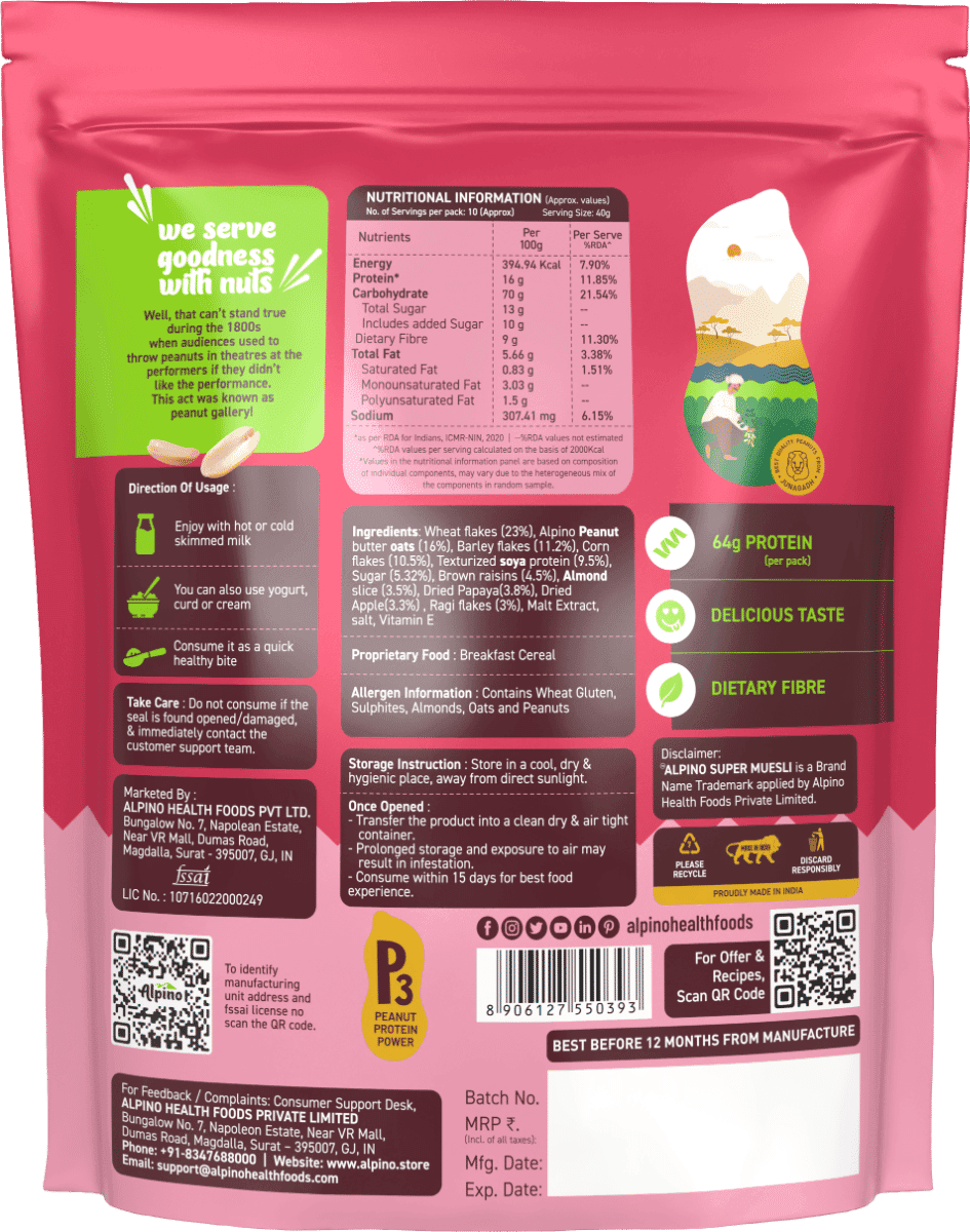 Alpino Super Muesli Fruit and Nuts Breakfast Cereal 400g Alpino Super Muesli Fruit and Nuts 800g Pack of 2 (400g x 2) - Health Foods and Drinks | Buy online on ZillyBuy