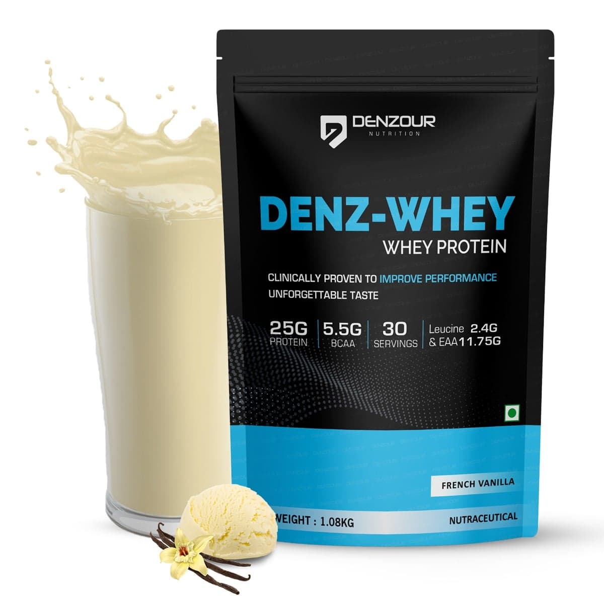 Denzour Nutrition Denz-Whey Protein with 25g Protein, 5.5g BCAA & 11.75g EAA for Muscle Support & Recovery 1Kg, French Vanilla