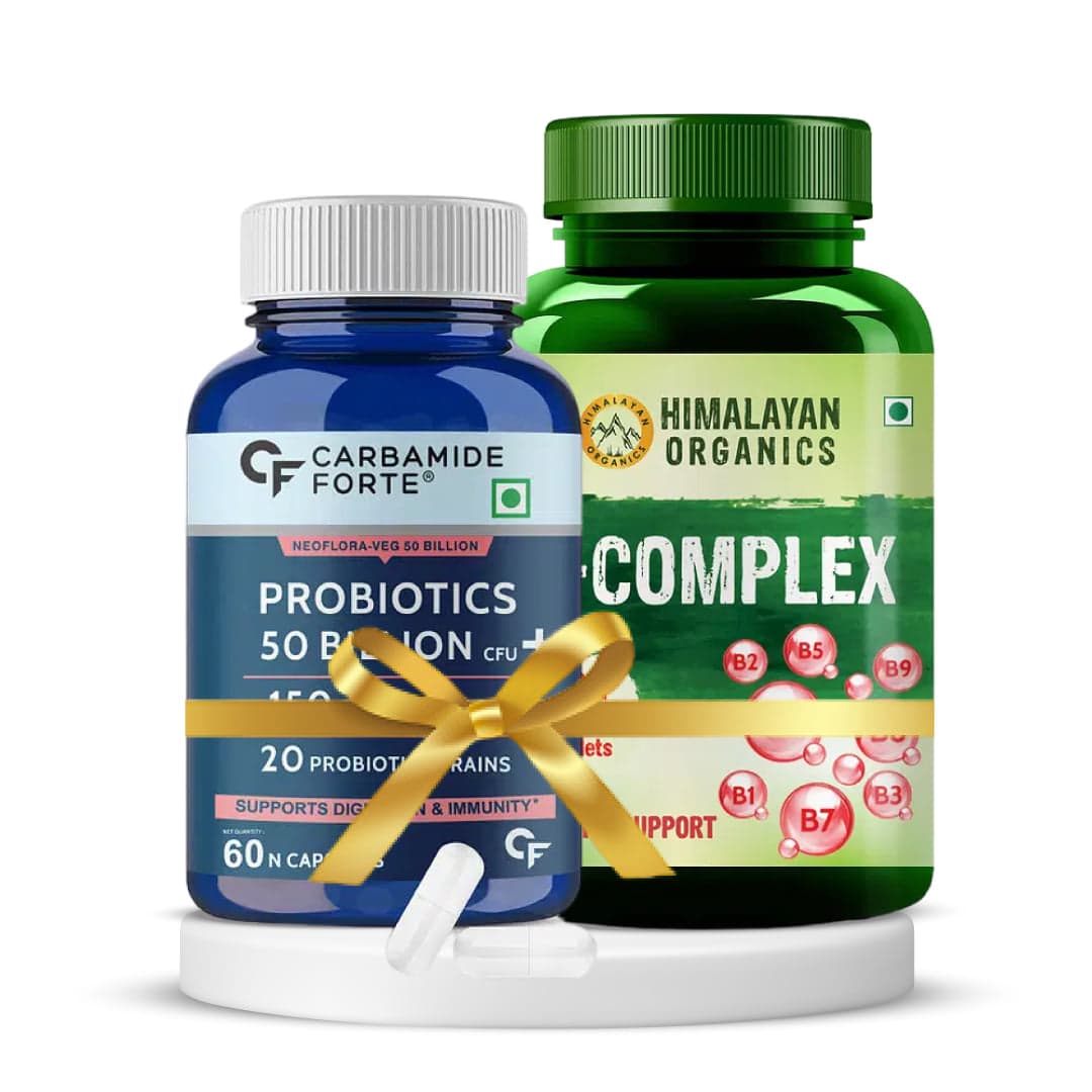 Cognitive Wellness & Gut Harmony Bundle | Himalayan Organics B Complex Supplement to Support Cognitive Health 120 Veg Tablets + Carbamide Forte Probiotics Supplement 50 Billion for Women & Men 60 Veg Capsules - Nutrition and Fitness Supplements | Buy online on ZillyBuy