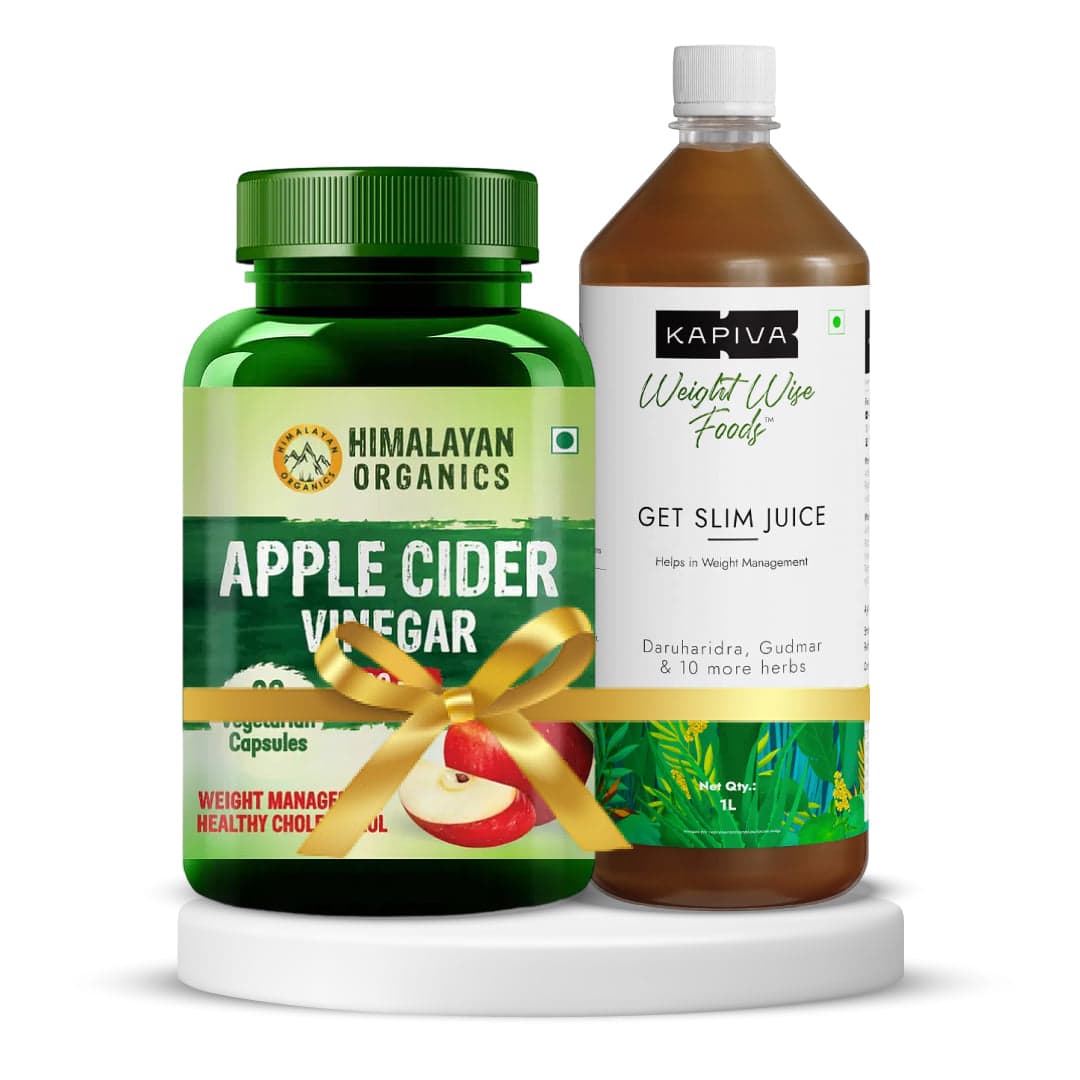 Weight Management and Detox | Himalayan Organics Apple Cider Vinegar Supplement for Body Detoxification & Supports Digestive Health 90 Veg Capsules + Kapiva Get Slim Juice (Supports Weight Management), 1 L, Unflavoured - Nutrition and Fitness Supplements | Buy online on ZillyBuy