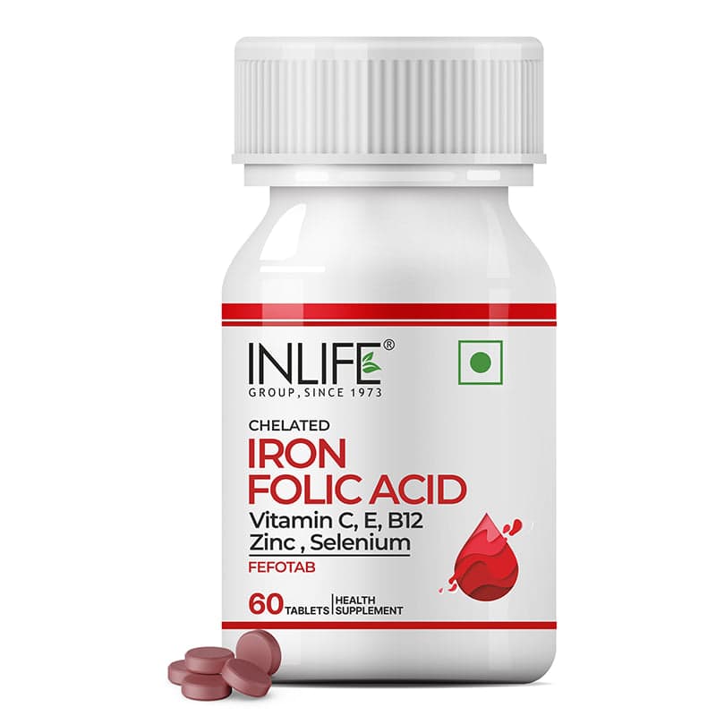 INLIFE Chelated Iron Ferrous Bisglycinate, Folic Acid Vitamin B12 Zinc C & E Selenium, Hemoglobin Support, Women Men, 60 Tablets