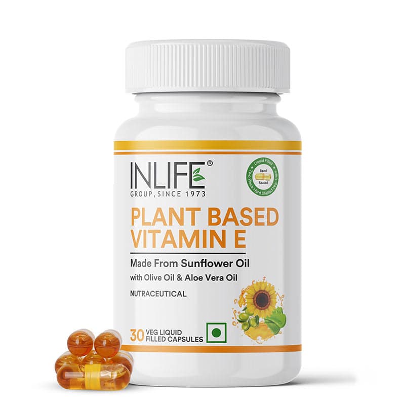 INLIFE Plant Based Natural Vitamin E Oil Capsules for Face and Hair | Sunflower, Olive & Aloe Vera Oils | Skin Health and Immunity Booster Supplement for Women & Men 30 Vegetarian Capsules (Pack of 1)