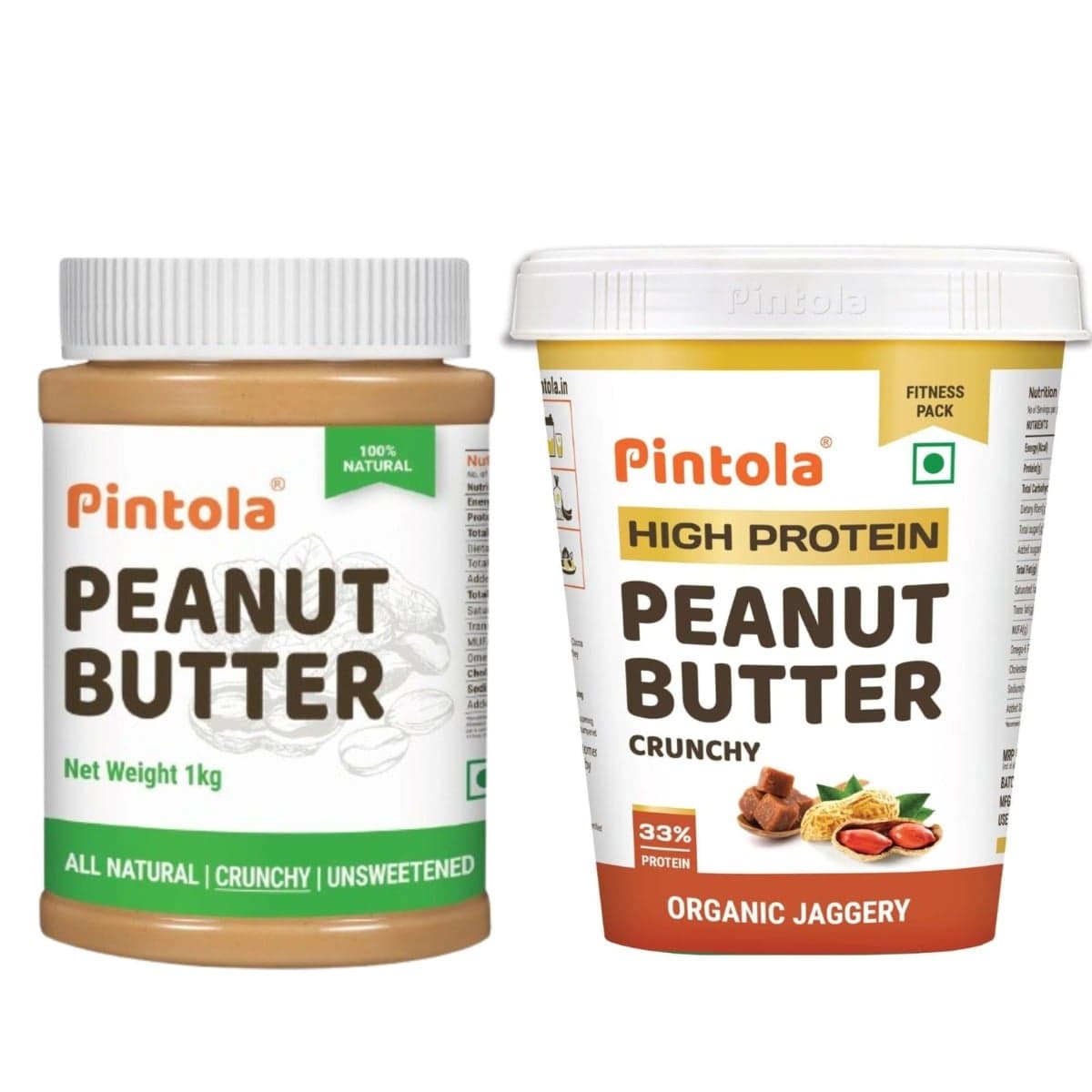 Pintola HIGH Protein Peanut Butter (ORGANIC JAGGERY) (Crunchy, 1kg) & Pintola All Natural Peanut Butter (Crunchy) | Unsweetened | 30g Protein | Non GMO | Gluten Free | Vegan | Cholesterol Free (1kg)