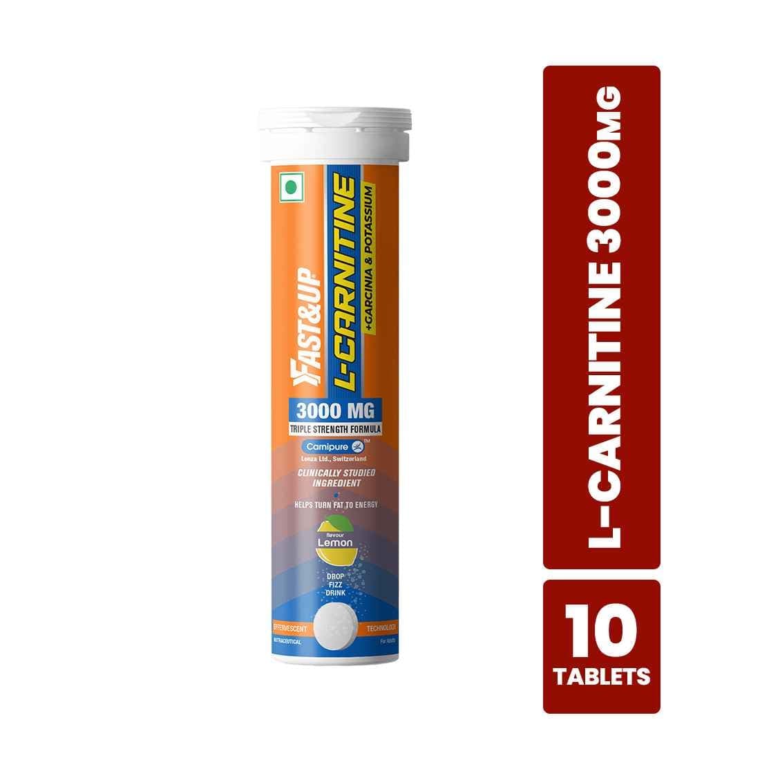 FAST&UP L-Carnitine Tartrate 3000mg (Pack of 10 Effervescent Tablets, Lemon Flavor), Carnipure Lonza Switzerland, helps convert fat into energy, Energy Booster with added Garcinia and potassium - Nutrition and Fitness Supplements | Buy online on ZillyBuy