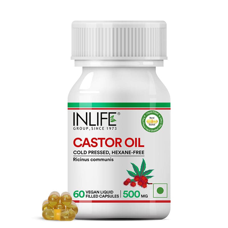 INLIFE Castor Oil Supplement for Hair and Skin, Natural Laxative, Quick Release, 500mg 60 Liquid Filled Vegetarian Capsules (Pack of 1)