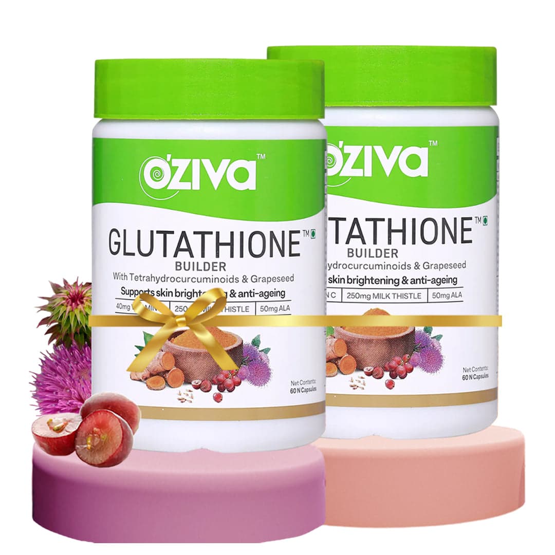 Oziva Plant Based Glutathione Builder, 60 Capsules | For Hydration, Skin Brightening & Powerful Antioxidant Activity With Skin Vitamins Grapeseed & Milk Thistle-Pack of 2