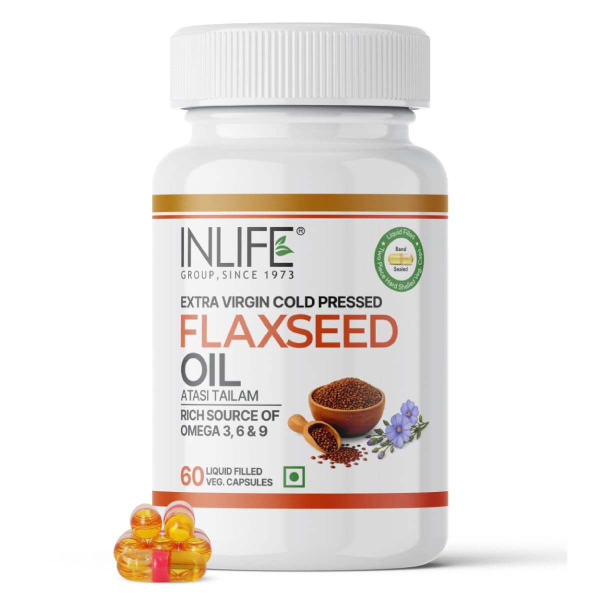 INLIFE Flaxseed Oil Veg Omega 3 6 9 Supplement, Extra Virgin Cold Pressed 500 mg 60 Veg Capsules