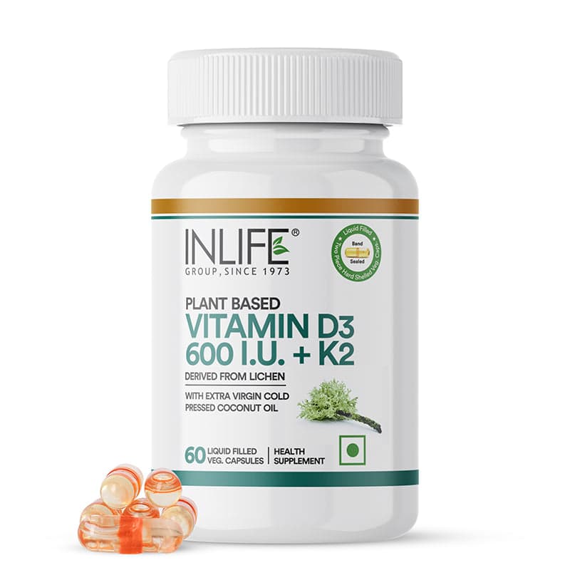 INLIFE Vitamin D3 600 IU K2 MK7 55 mcg, Plant Based Lichen Sourced, Bone Muscle & Immunity Health, Men Women, 60 Veg Capsules