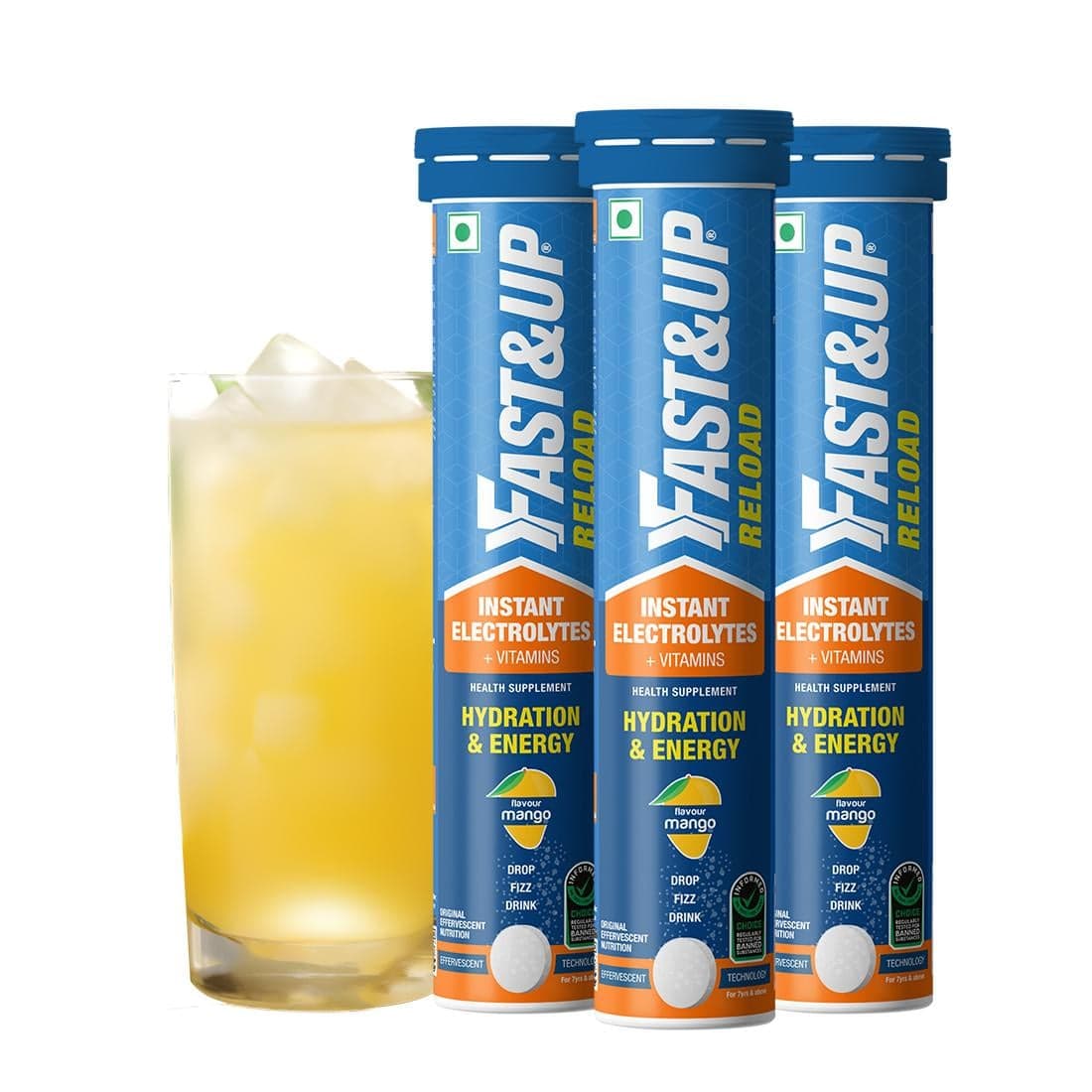 Fast&Up Reload electrolyte energy and hydration | Mango flavour 20 effervescent tablets | Sports drink | Pack of 3 - Nutrition and Fitness Supplements | Buy online on ZillyBuy