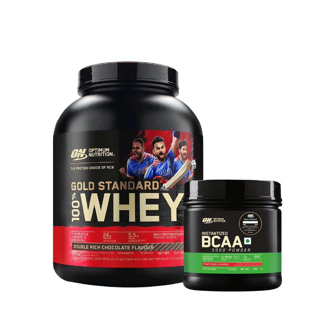 Optimum Nutrition (ON) Gold Standard 100% Whey Protein Powder 5 lb, 2.27 kg Double Rich Chocolate & Optimum Nutrition BCAA, 5g BCAAs in 2:1:1 Ratio, 30 servings, (250gm, Fruit Punch) (Combo) - Nutrition and Fitness Supplements | Buy online on ZillyBuy