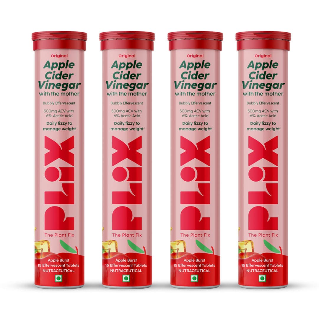 PLIX World's First Apple Cider Vinegar 15 Effervescent Tablets, Pack of 4 (Apple) with vitamin B12 100% vegan No added Sugar Easy to consume Gluten Free