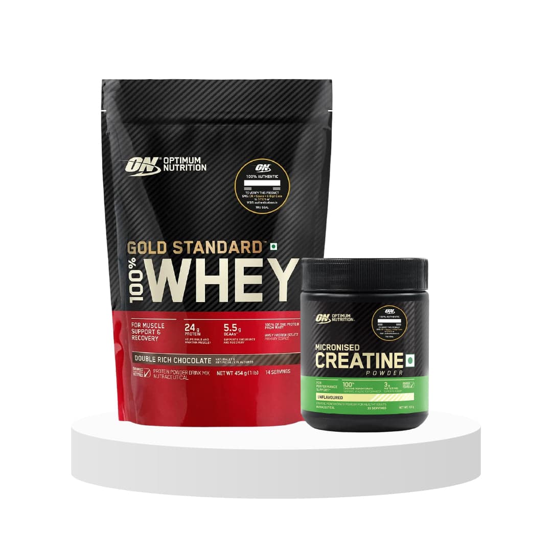 Optimum Nutrition (ON) Gold Standard 100% Whey Protein Powder 1 lbs, 454 g (Double Rich Chocolate), for Muscle Support & Recovery, Vegetarian Primary Source Whey Isolate & Optimum Nutrition (ON) Micronized Creatine Powder 100 Gram, Unflavored - Nutrition and Fitness Supplements | Buy online on ZillyBuy