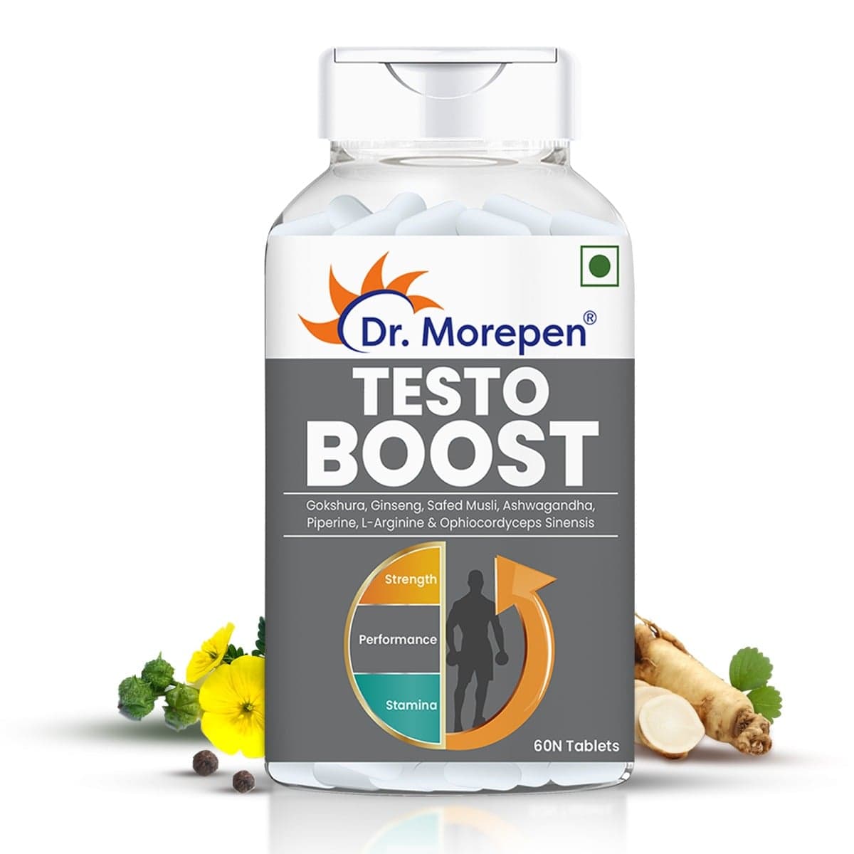 Dr. Morepen Testosterone Booster Tablets For Men, Increases Energy, Stamina & Muscle Growth 60 Tablets - Nutrition and Fitness Supplements | Buy online on ZillyBuy
