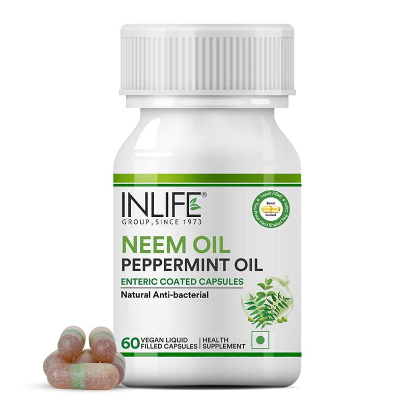 INLIFE Neem Oil 350mg with Peppermint Oil 150mg for Digestive Health & Skin, Hair Care Supplement, Enteric Coated Capsules 60 Liquid Filled Vegetarian Capsules (Pack of 1)