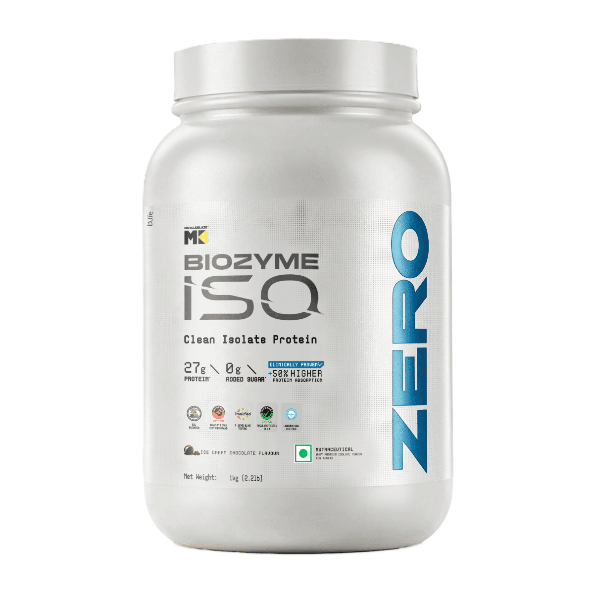 MuscleBlaze Biozyme Iso-Zero, Low Carb Whey Protein Isolate, 27 g Isolate Whey Per Scoop (Ice Cream Chocolate, 1 kg / 2.2 lb) with USA Patent Published Enhanced Absorption Formula (EAF), Informed Choice UK, Labdoor USA Certified