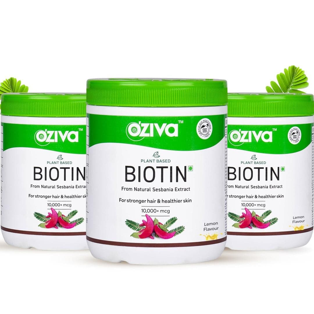 OZiva Plant Based Biotin for Improved Hair Thickness, 100% Natural, Clinically Proven, (Lemon, Sesbania) (3 x 125 g)