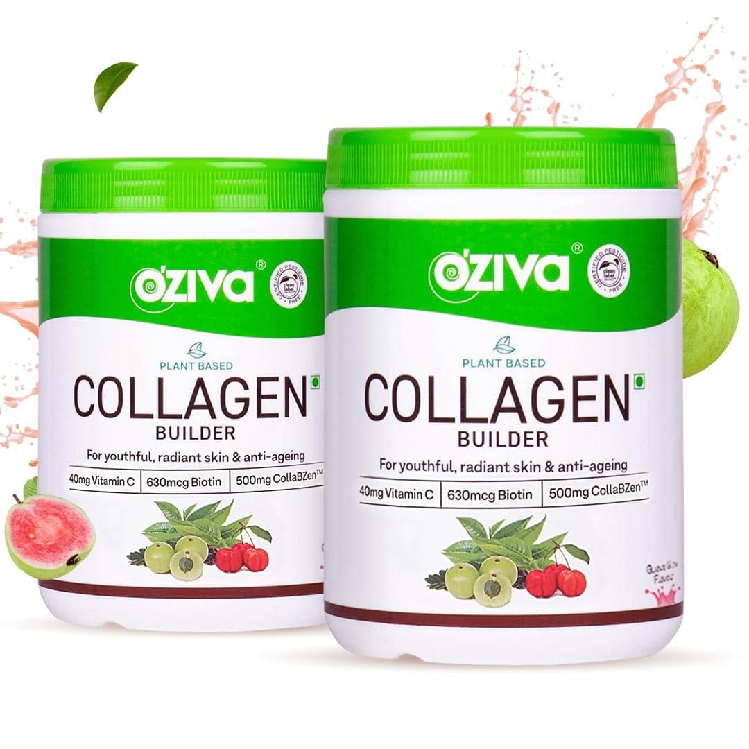 OZiva Collagen Builder for Anti Ageing & Skin Radiance with Vitamin C, Guava Glow OZiva Collagen Builder for Brighter & Youthful Skin | Plant Based Collagen Supplement with Biotin & Vitamin C | Collagen Type II Synthesis | Certified Vegan 250g (Value Pac