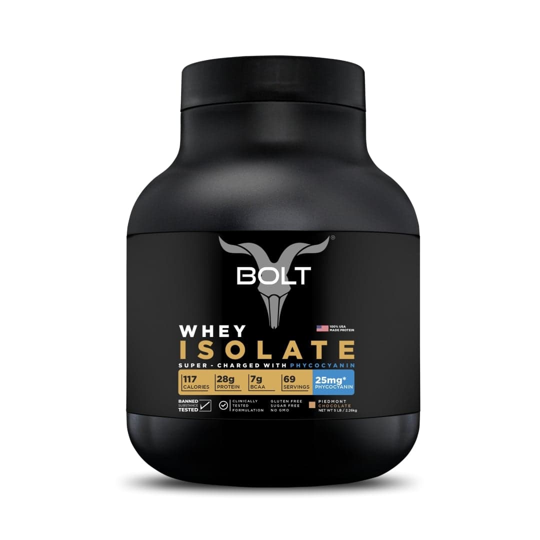 Bolt 100% Whey Isolate Protein 2.26kg | Piedmont Chocolate | 69 Servings | 28g Protein | 25mg Phycocyanin | Performance enhancer | Build lean muscles | Muscle recovery - Nutrition and Fitness Supplements | Buy online on ZillyBuy