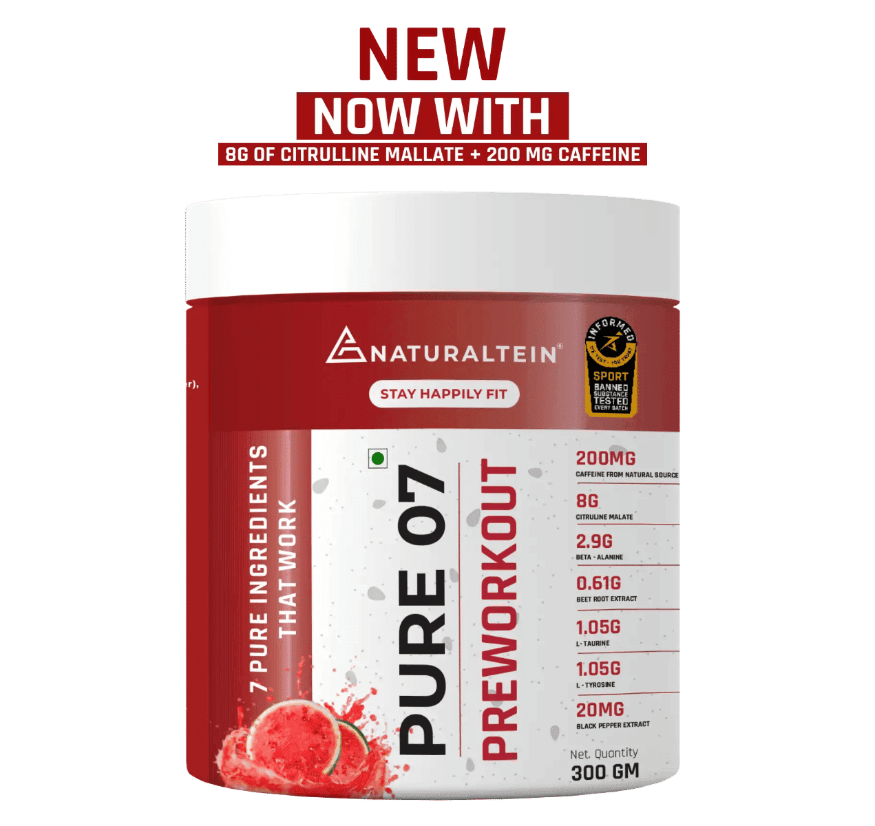 NATURALTEIN PURE 07 Natural Pre-Workout (Watermelon Flavour) 300 Grams | 200 mg Natural Caffeine | 8 G Citrulline Malate | Clean Energy & Endurance | No Artificial Sweeteners & Preservatives,Powder - Nutrition and Fitness Supplements | Buy online on ZillyBuy