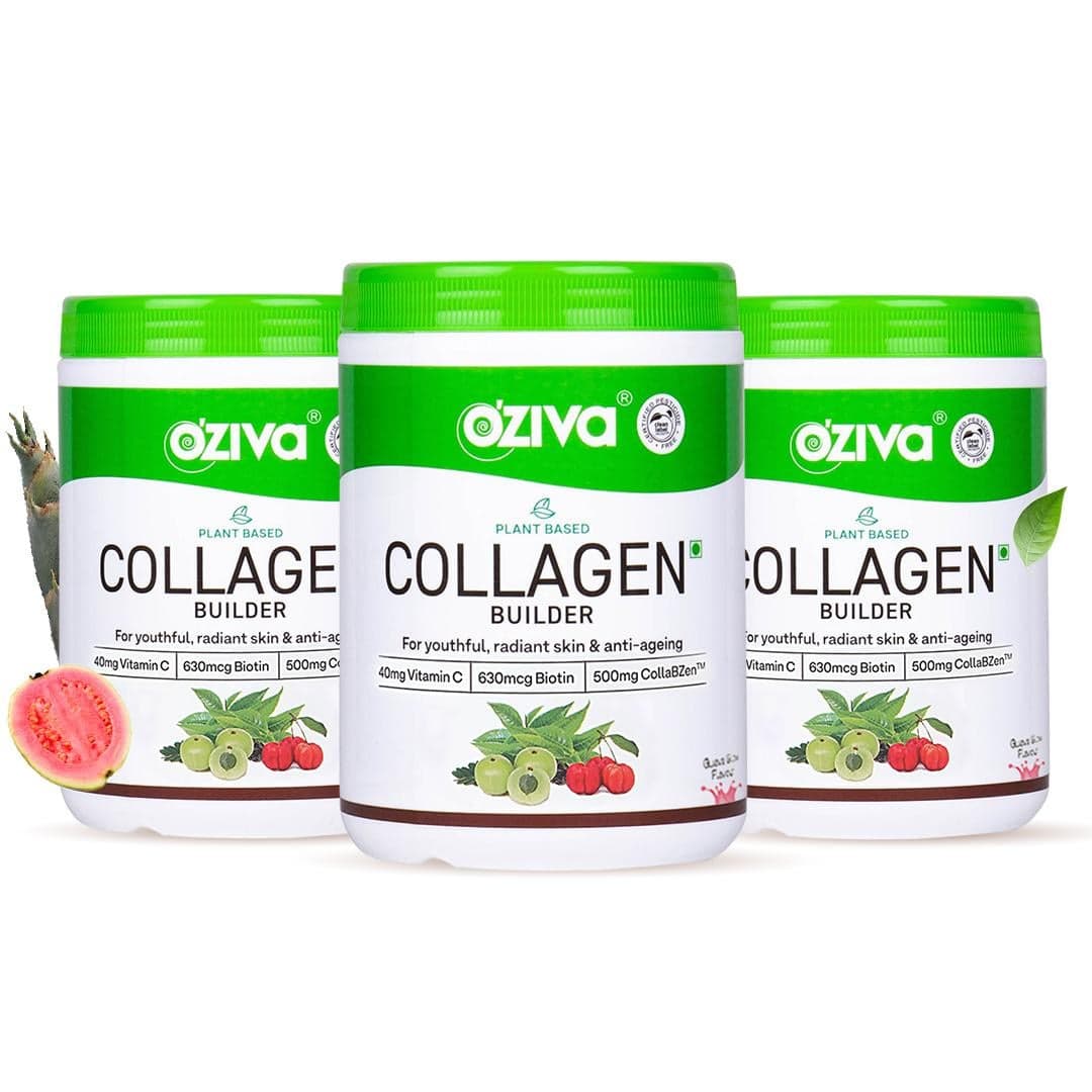 OZiva Collagen Builder for Brighter & Youthful Skin | Plant Based Collagen Supplement with Biotin & Vitamin C | Collagen Type II Synthesis | Certified Vegan (Results Pack (Pack of 3), Guava Glow)