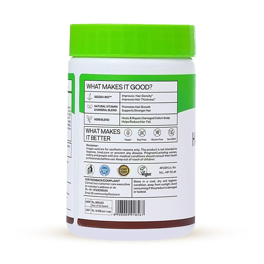 OZiva Plant Based Hair Vitamins Hair Vitamins for Hair Growth & Better Hair Health OZiva Hair Vitamins Capsules for Hair Growth | 100% Natural with Biotin, Iron, DHT Blocker & Vitamin EIClinically Proven Hair Growth Supplements for Women & Men (3 Months,