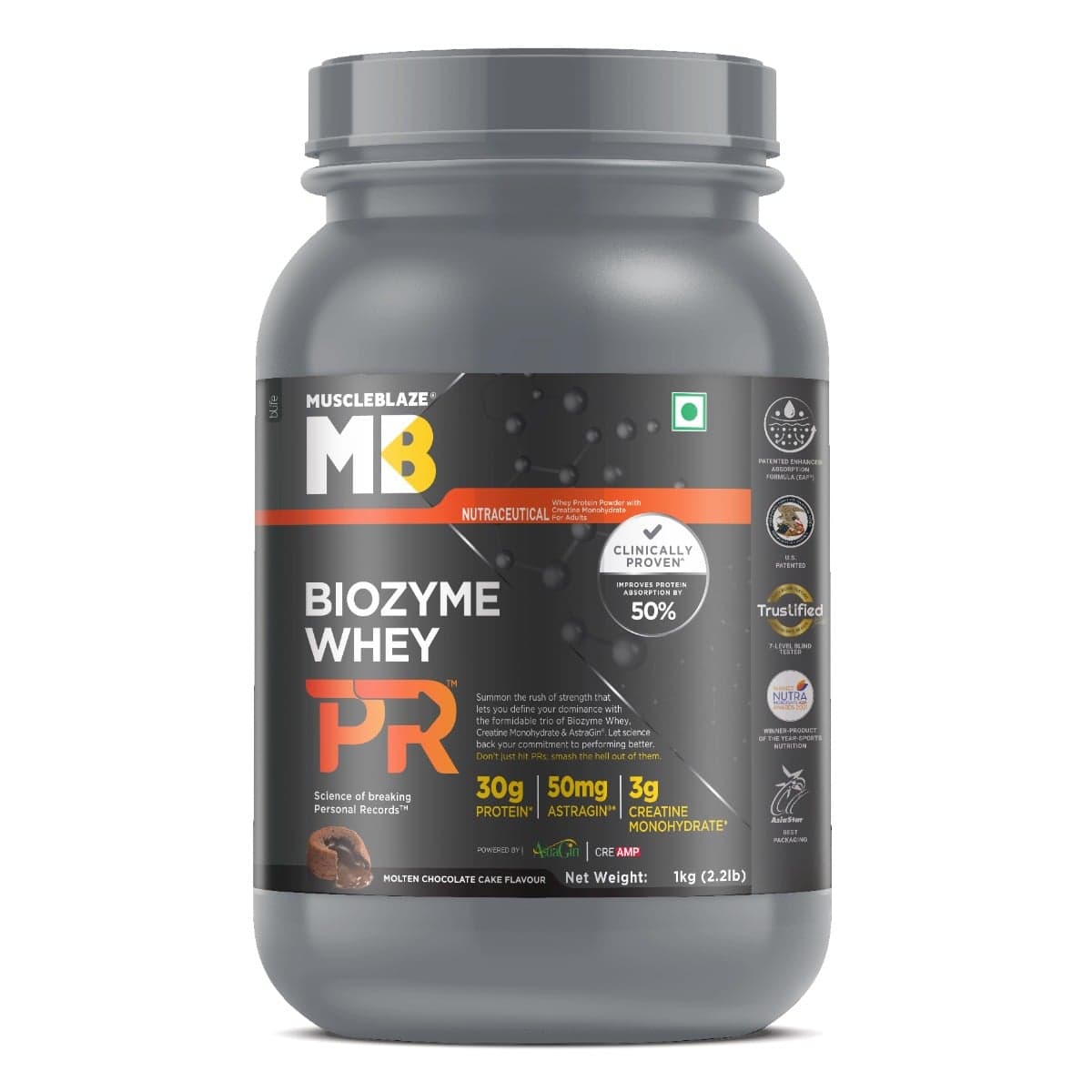 MuscleBlaze Biozyme Whey Protein PR with 30g Protein, 3g Creatine Monohydrate & 50mg AstraGin (Molten Chocolate Cake, 1kg / 2.2lbs) | Trustified Gold Certified - Nutrition and Fitness Supplements | Buy online on ZillyBuy