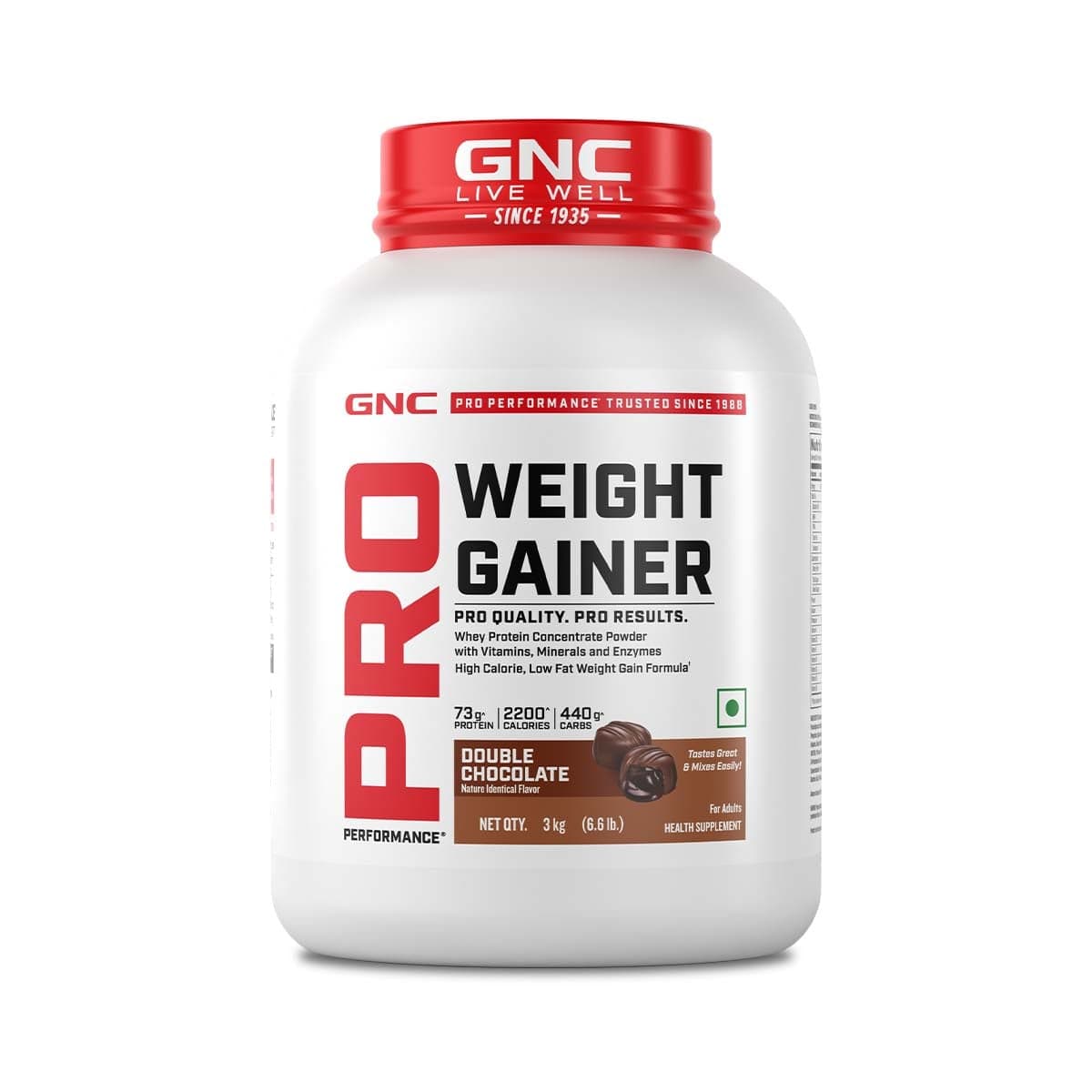 GNC Pro Performance Weight Gainer | 3 Kg | 6 Servings | Healthy Body Gains | Reduces Muscle Breakdown | Boosts Metabolism | Formulated In USA | 73g Protein | 440g Carbs | 2200 Cal | Double Chocolate