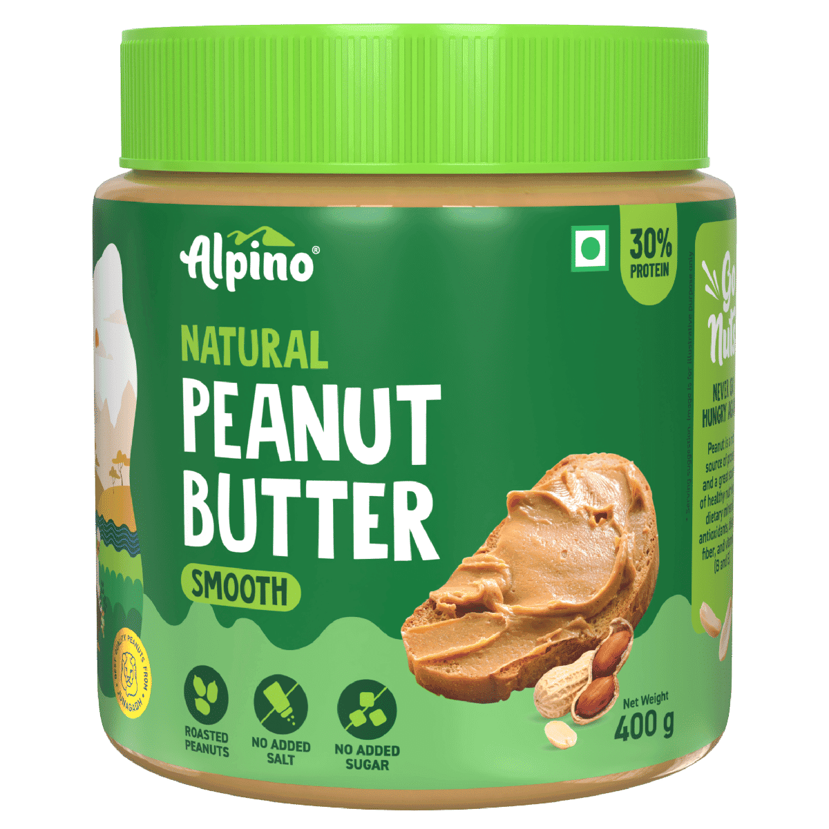 Alpino Natural Smooth Peanut Butter 400g | High Protein, Unsweetened - Health Foods and Drinks | Buy online on ZillyBuy