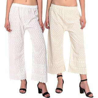 Pack of 2 Women Relaxed Cream, White Cotton Blend Trousers - Uncategorized | Buy online on ZillyBuy