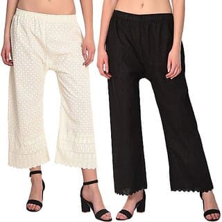 Pack of 2 Women Relaxed Cream, Black Cotton Blend Trousers - Uncategorized | Buy online on ZillyBuy