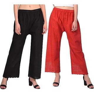 Pack of 2 Women Relaxed Black, Red Cotton Blend Trousers - Uncategorized | Buy online on ZillyBuy