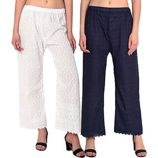Pack of 2 Women Relaxed White, Dark Blue Cotton Blend Trousers - Uncategorized | Buy online on ZillyBuy