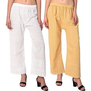 Pack of 2 Women Relaxed Brown, White Cotton Blend Trousers - Uncategorized | Buy online on ZillyBuy